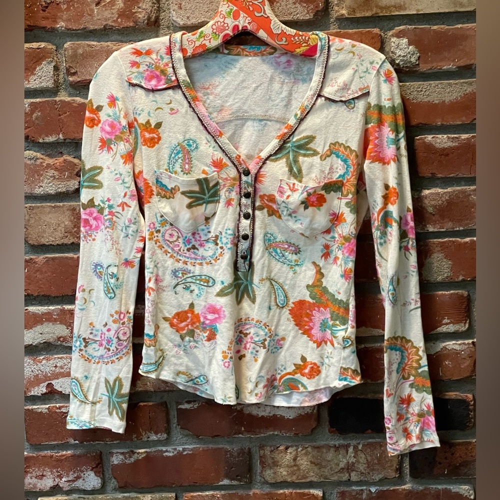 SISLEY Mixed Print Western Style Long Sleeve Top. Size Small